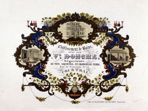 Etichetta per una cantina, liquori e carboni. Litografia da Unknown artist