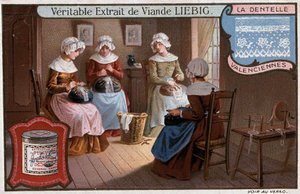 Laboratorio di merletti, Valenciennes, pubblicità Liebig ca. 1895 da Unknown artist