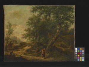 Paesaggio con cottage e viaggiatori