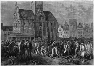 Il mercato dei formaggi a Hoorn, Olanda. Incisione in "Le journal de la jeunesse" da Unknown artist