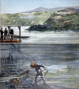 Il palombaro Paolo Pardi che lavora sulle navi romane nel lago di Nemi con lo scafandro Siebe nel 1893 da Unknown artist
