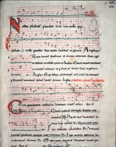 Volantino di una guida per pellegrini con testi del pellegrinaggio di Santiago de Compostela (Santiago de Compostella) Fol. 214 r. Da un manoscritto del 13° secolo. Archivio della Cattedrale di Santiago de Compostela (Santiago de Compostela), Spagna