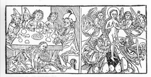 A sinistra: Santa Maria Maddalena asciuga i piedi di Gesù con i suoi capelli. A destra: Santa Maria Maddalena ascende al Cielo. Manoscritto del 1488 stampato a Norimberga. Incisione da 