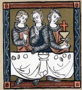 Leggenda Arturiana: Galahad (Gaalad o Galaad), Perceval e Bohort (Bors o Borrt) con il Santo Graal. In 