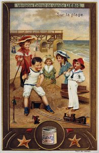 Carta Leibig che raffigura bambini francesi sulla spiaggia 1890 da Unknown artist