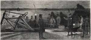 Les egouts de Paris: una "flushing boat" usata per pulire il collettore fognario - Incisione da "Le Monde Illustré" da Unknown artist