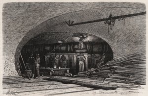 Le fogne di Parigi: curva del tubo vicino al ponte Saint Michel, place du Chatelet - Incisione in 