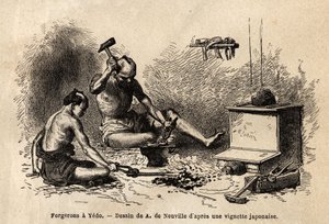 Fabbri davanti alla loro forgia a Yedo (o Edo, capitale imperiale, odierna Tokyo). Incisione per illustrare il viaggio in Giappone, nel 1863-1864, di Aime Humbert, ministro della Confederazione Svizzera, in "Le tour du monde, nouveau journal des voyages" p