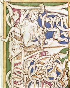 Lettera P decorata con la rappresentazione di una donna che pesca un pesce. Miniatura da una Bibbia (Antico Testamento) (Ms 3088) XII secolo. Coimbra, Biblioteca Universitaria