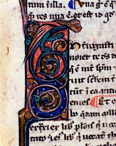 Lettrine decorata di un mostro gotico che ricorda le gargolle (dettaglio) da Unknown artist