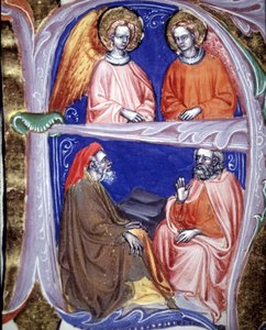 Lettrine che rappresentano angeli e filosofi che discutono - in De civitate dei di Sant