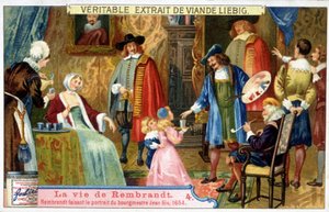 Cromolitografia Liebig sulla vita di Rembrandt (1606 - 1669) pittore olandese, qui ritratto del sindaco Jean Six nel 1654