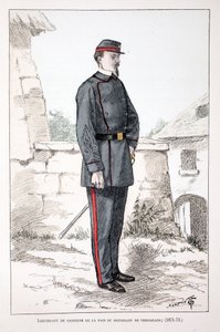 Tenente dei Guardiani della Pace del Battaglione di Versailles (1871-1873). Acquaforte a colori, per illustrazione “Histoire du corps des gardiens de la paix” libro pubblicato sotto gli auspici di Louis Lepine (1846-1933) prefetto di polizia della Senna, d da Unknown artist