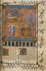Vita di Giulio Cesare: quattro miniature che mostrano la sua nascita, divorzio, pontificato e lotta con Pompeo; testo con iniziali decorate e bordo con uccelli e grottesche.