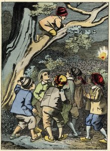Pollicino sale su un albero e cerca la sua strada. Sta raccogliendo una luce nella foresta. Illustrazione della fiaba "Pollicino" di Charles Perrault da Unknown artist