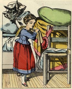Cappuccetto Rosso a casa della nonna. Illustrazione del racconto "Cappuccetto Rosso" di Charles Perrault