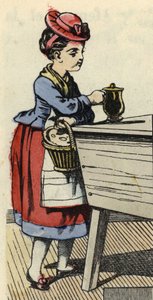 Cappuccetto Rosso mette il cibo per la nonna sulla huche. Illustrazione della fiaba "Cappuccetto Rosso" di Charles Perrault da Unknown artist