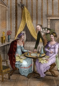 Piccola cena. Olympe de Gouges (1748-1793), donna di lettere e rivoluzionaria francese con Céline una delle sue amiche. In "Consigli a mia figlia" di Jean Nicolas Bouilly (1763-1842). 1820. Collezione privata