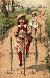 Bambine che fanno tricicli. Cromolitografia intorno al 1890