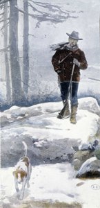 Cacciatore solitario con cane in un paesaggio innevato, fine XIX secolo da Unknown artist