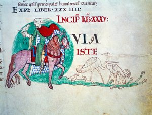 Signore alla caccia con il falcone. Miniatura del Medioevo. Manoscritto Moralia in Job dall