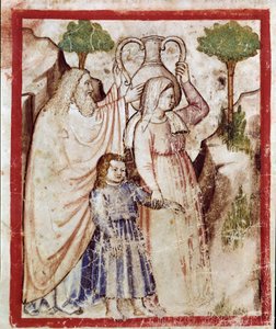 Lot va alla montagna con le sue figlie per sfuggire alla distruzione di Sodoma (Miniatura dal codice 212 o Bibbia di Padova)