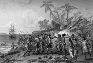 Louis Antoine Conte de Bougainville, navigatore francese (1729-1811), avvicinandosi alle isole delle Marchesi a Tahiti, 6 aprile