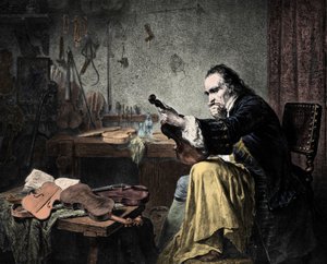 Liutaio Stradivari (Antonio Stradivari) (1644-1737) nella sua bottega. Incisione di Hammann. Designer di violini Antonio Stradivari (Stradivarius) al lavoro