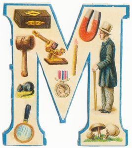 M: fiammiferi, magnete, martello, microscopio, topo, medaglia, uomo, lente d