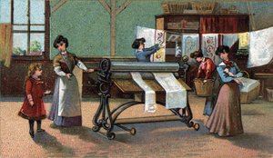 Macchina stiratrice. Cromolitografia della fine del XIX secolo.