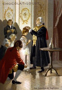 Seduta magica di Giuseppe Balsamo, noto come Alessandro, Conte di Cagliostro (1743 - 1795). Cromolitografia della fine del XIX secolo. da Unknown artist