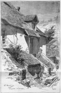Casa di George Sand (Aurore Dupin, Baronne Dudevant) (1804-1876), scrittrice francese, a Gargilesse (Indre) sulle rive della Creuse in Francia. Incisione in "Le Monde Illustré" da Unknown artist