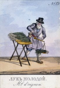 Uomo che pesa cipolle su una bilancia appesa alla cintura. Illustrazione del XIX secolo. Incisione del XIX secolo