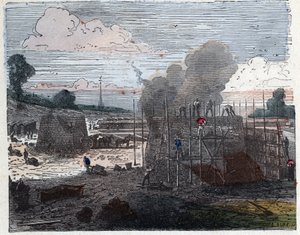 Fabbricazione di un mattone nel XIX secolo: cottura. I mattoni sono disposti a strati e poi coperti di terra prima di accendere il fuoco. Incisione fine XIX secolo da Unknown artist