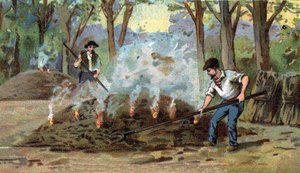 Fabbricazione del carbone, forno di combustione. Cromolitografia della fine del XIX secolo