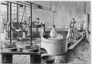 Fabbricazione del gruyere: una moderna fabbrica di formaggio. Incisione in "La Nature: revue des sciences et de leurs applications aux arts et a l