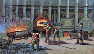 Fabbricazione del gas illuminante, cornu delutor. Cromolitografia della fine del XIX secolo da Unknown artist
