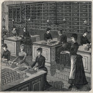 Fabbricazione di piume di metallo: selezione e confezionamento delle piume in una fabbrica in Francia nel XIX secolo. Incisione del 1885 in 