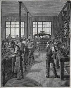 Fabbricazione di portapenne e portamatite. Incisione del 1885 in 