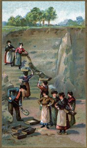 Fabbricazione di porcellana, cava di caolino. Cromolitografia della fine del XIX secolo