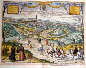 Mappa della città di Siviglia nel 1590. In basso a destra, il popolo del villaggio prende in giro un cornuto sul suo asino.
