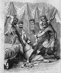 Marco Ordeonio Flacco senatore romano massacrato dai suoi stessi soldati nel I secolo. Incisione del XIX secolo. da Unknown artist