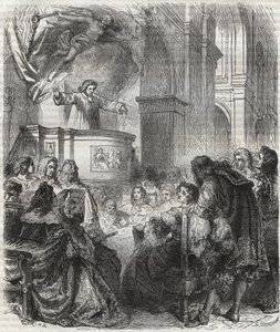 Maria de Rabutin-Chantal, Marchesa di Sévigné conosciuta come Madame de Sévigné (1626-1696), ascolta Louis Bourdaloue (1632-1704) alla chiesa dei gesuiti, Saint-Louis a Parigi - incisione del 1866 da Unknown artist