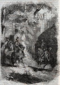 Marfisa e la vecchia incontrano Pinabel - incisione del 1851 da "Orlando furioso" (XVI secolo) di Ludovico Ariosto, noto come l
