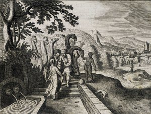 Matrimonio di Isacco e Rebecca. Incisione da una Bibbia del XVII secolo da Unknown artist