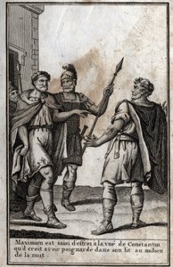 Massimiano Ercole (Marcus Aurelius Valerius Maximianus) (circa 250-310), imperatore romano, è preso dalla paura alla vista di Costantino (Costantino I, Flavio Valerio Aurelio Costantino, 272-306), suo genero, che pensa di aver pugnalato nel suo letto da Unknown artist
