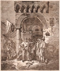Mercante che cucina pasta in una pentola, scena italiana da Unknown artist