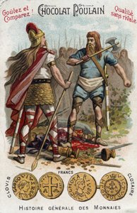 Merovingi: Clodoveo I che abbatte il soldato che aveva rotto il vaso di Soissons, nel 486. In Storia Generale delle Monete. Cromolitografia al cioccolato della fine del XIX secolo. Collezione privata. da Unknown artist