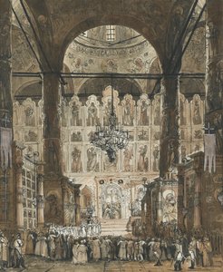 Messa alla cattedrale della Dormizione del Cremlino a Mosca, Russia da Unknown artist