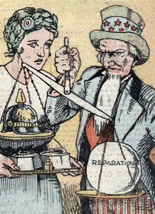 La metrica negli Stati Uniti: piano di adozione della metrica rappresentato con il simbolo francese Marianna e lo zio Sam che cercano di equilibrare la bilancia delle spese di guerra Illustrazione da "Le pelerin" marzo 1921